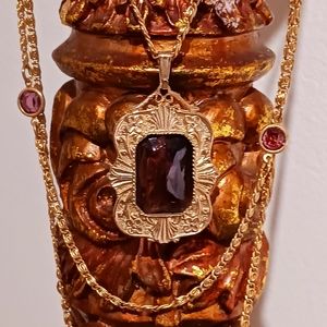 Long Amythest Necklace Gold Tone